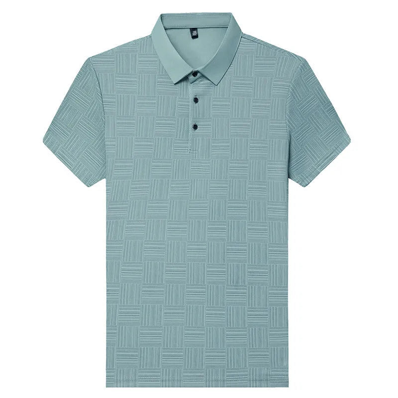 Men's slim fit lapel t-shirt in chemical fibre blend fabric showing lapel neckline detail