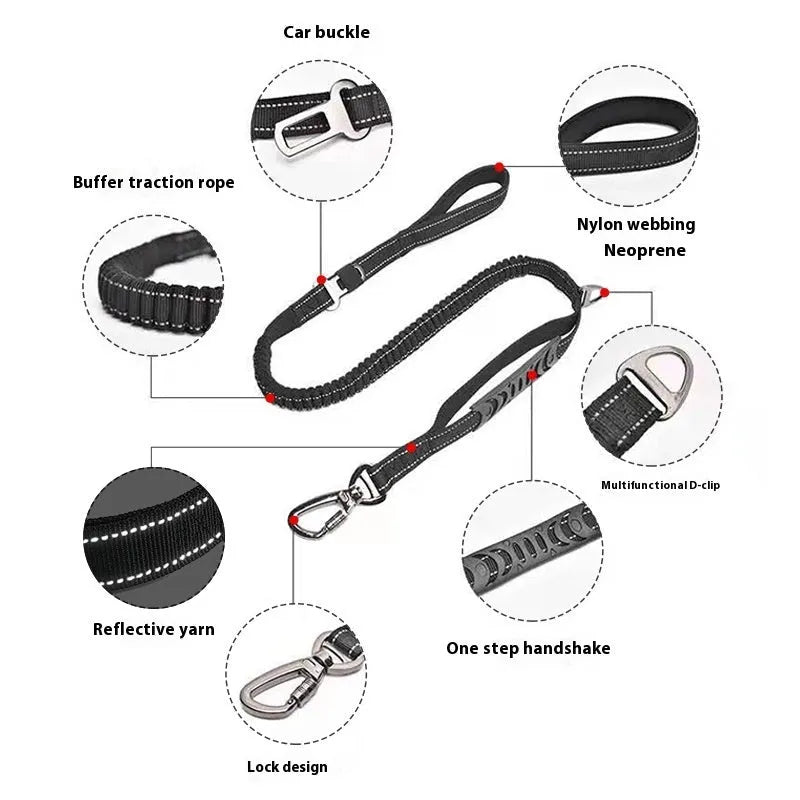Large retractable dog leash with reflective elements in black, orange, and khaki colour options