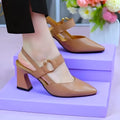 Women's closed toe leather sandals with back strap and chunky heel in black, white, and apricot colours