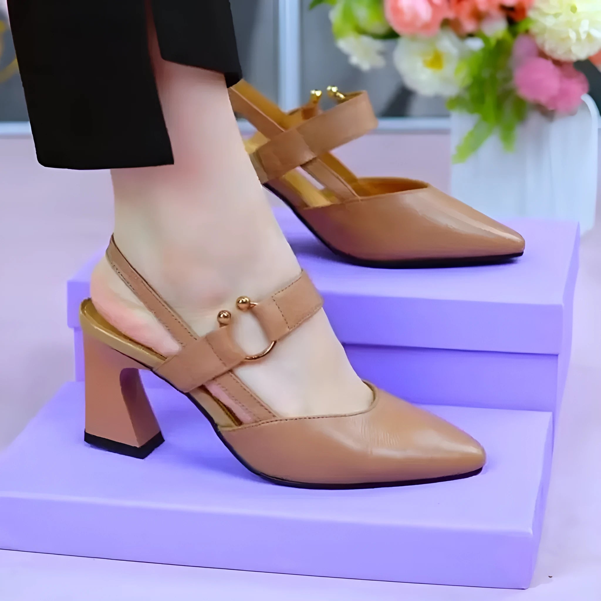 Women's closed toe leather sandals with back strap and chunky heel in black, white, and apricot colours