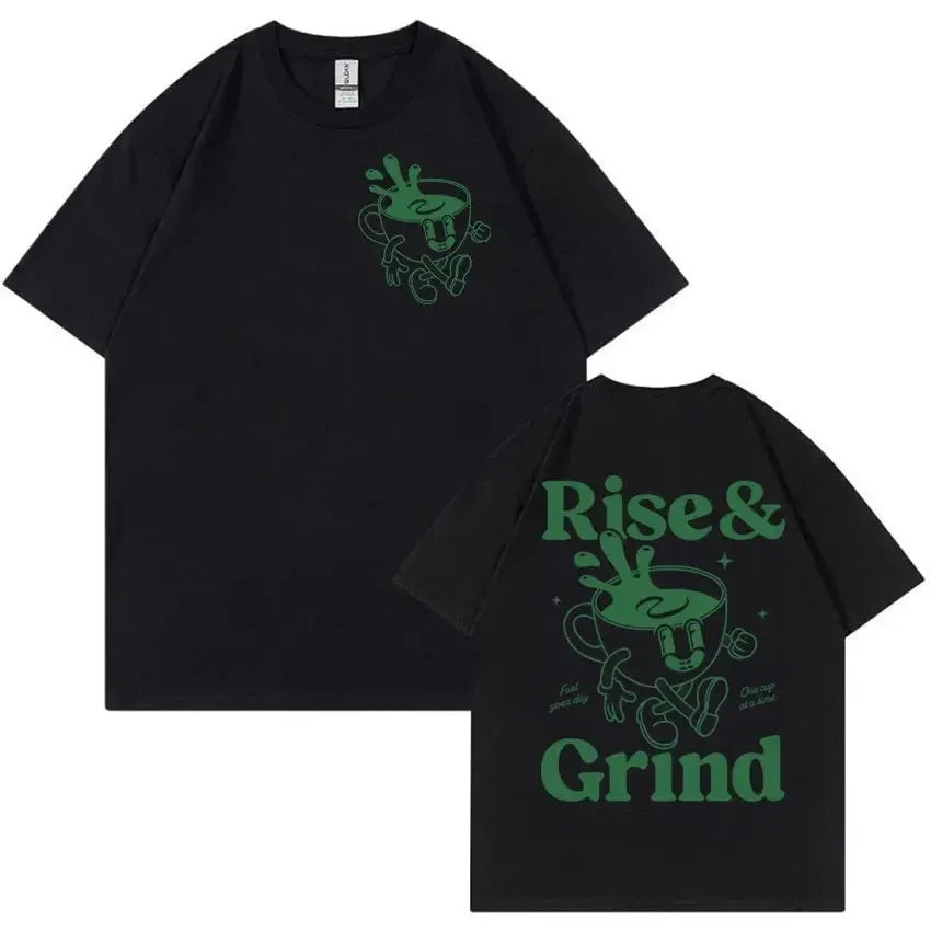 Man's loose-fit cartoon graphic t-shirt in linen blend fabric, showing the 'Rise And Grind Green Coffee' print.