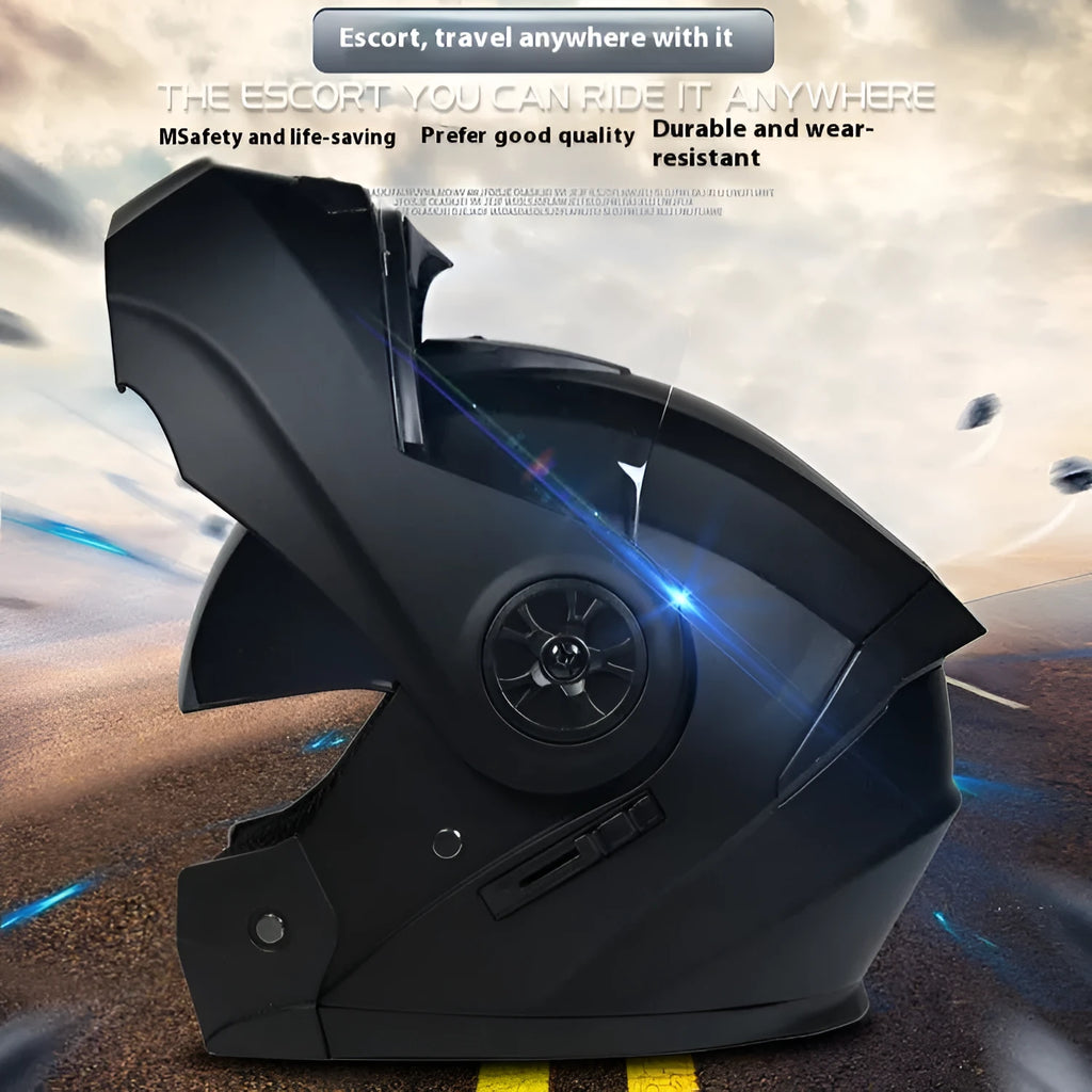 Matte black full face motorcycle helmet with black mirror visor showing ABS construction and multiple sizing options