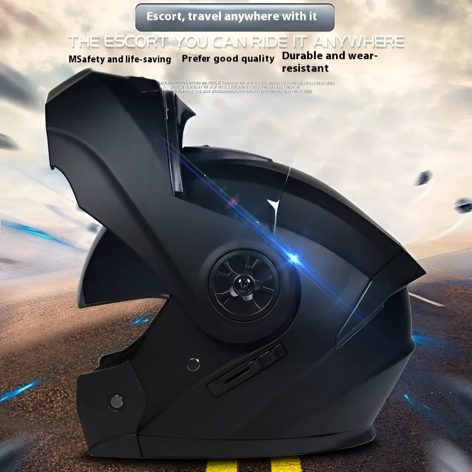 Matte black full face motorcycle helmet with black mirror visor showing ABS construction and multiple sizing options