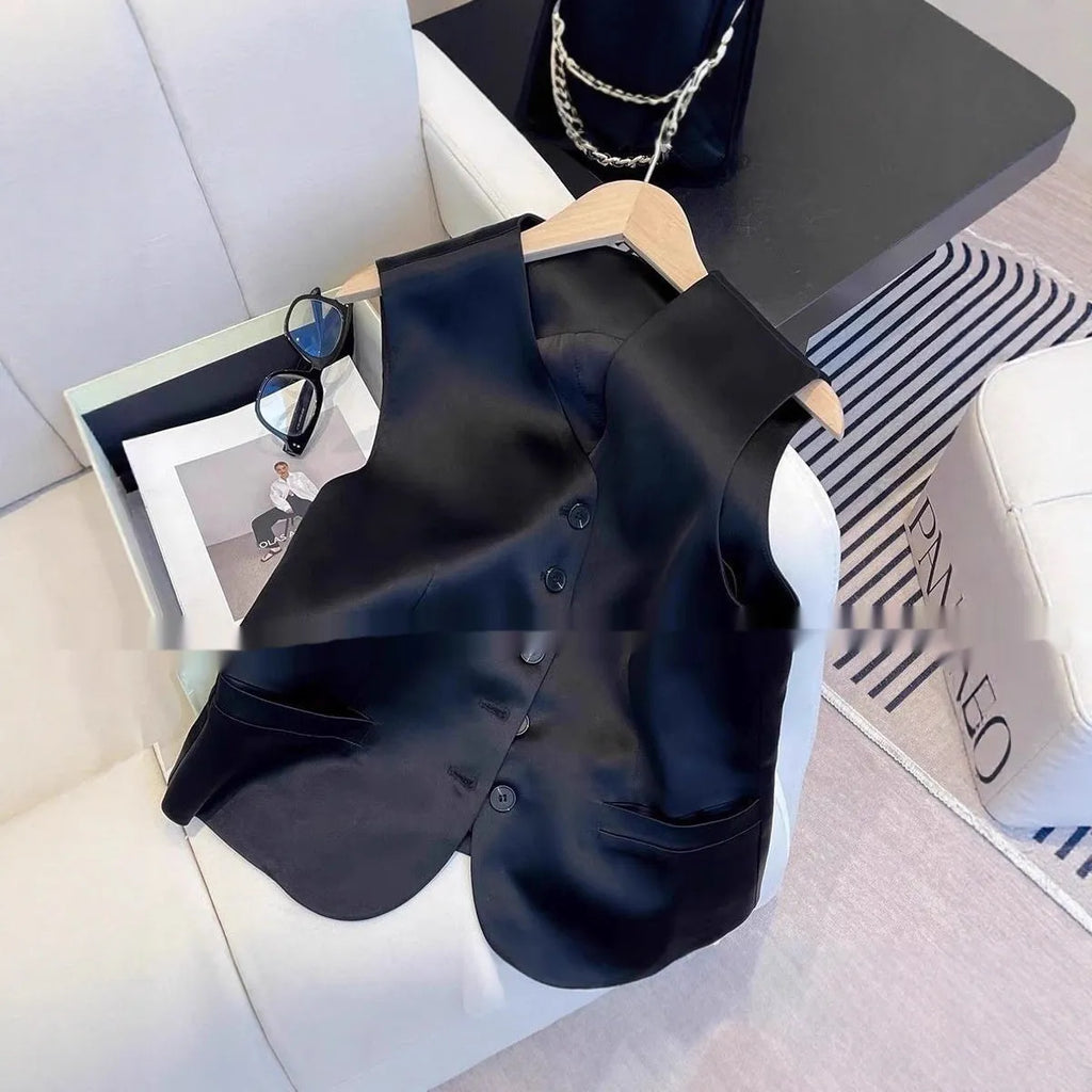 Black satin sleeveless ladies' vest with loose fit and normal length design