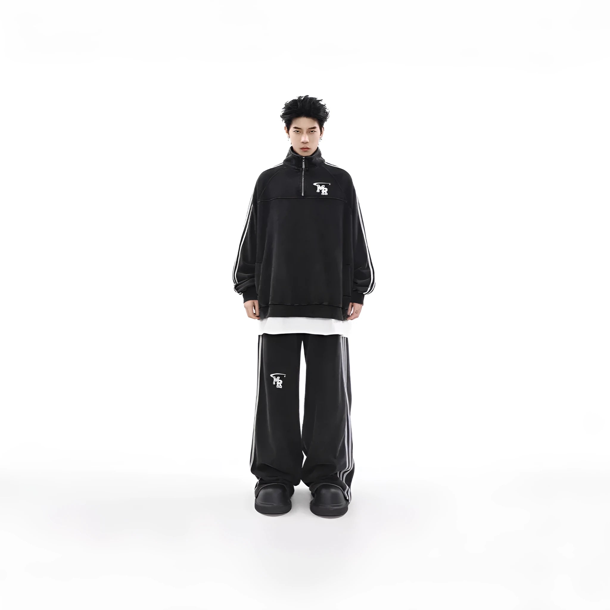 Black retro American style stand collar hoodie with long sleeves and polyester fabric construction