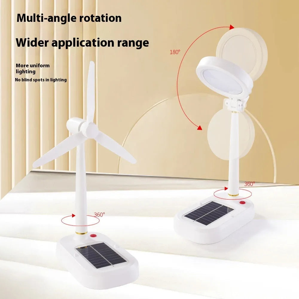 Ivory white solar table fan and LED study lamp combo with ABS shade and button controls