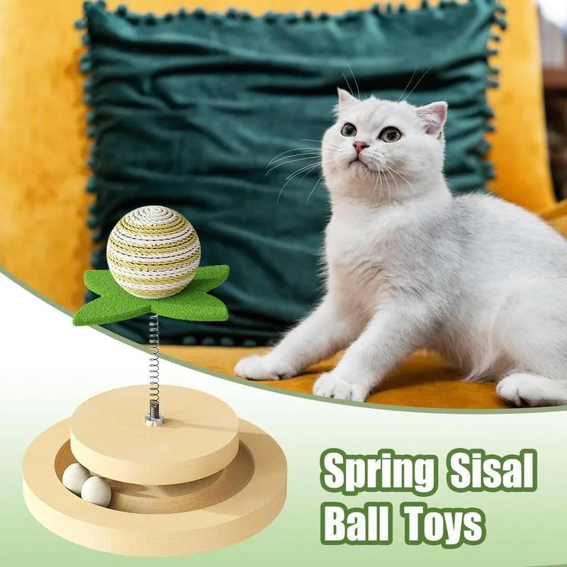 Green sisal cat toy with multi-layer ball track and rotating springs for indoor feline play