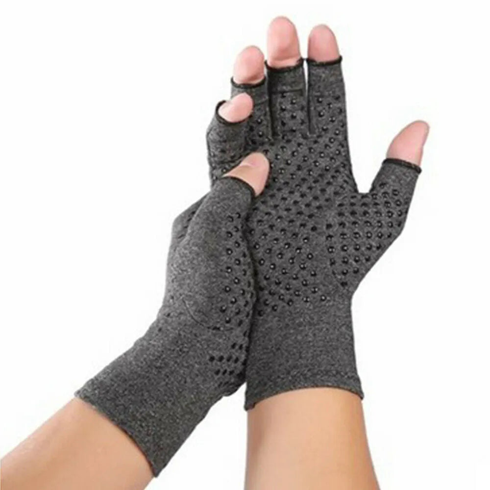 Grey half-finger compression gloves with anti-slip silicone grip strips on palms