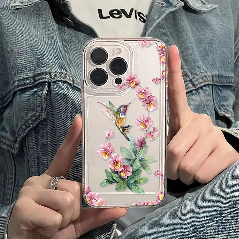 Flower Magpie transparent TPU phone case with fine-hole cutouts for iPhone lying on a flat surface