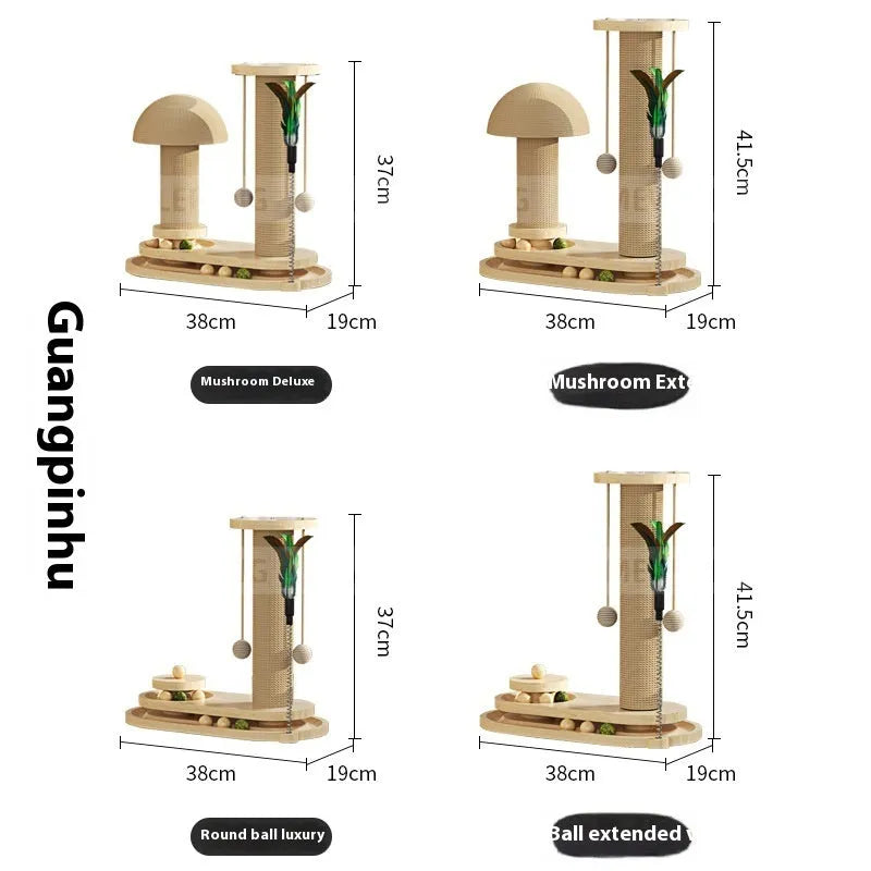 Solid wood cat scratching post with turntable climbing frame in various design options