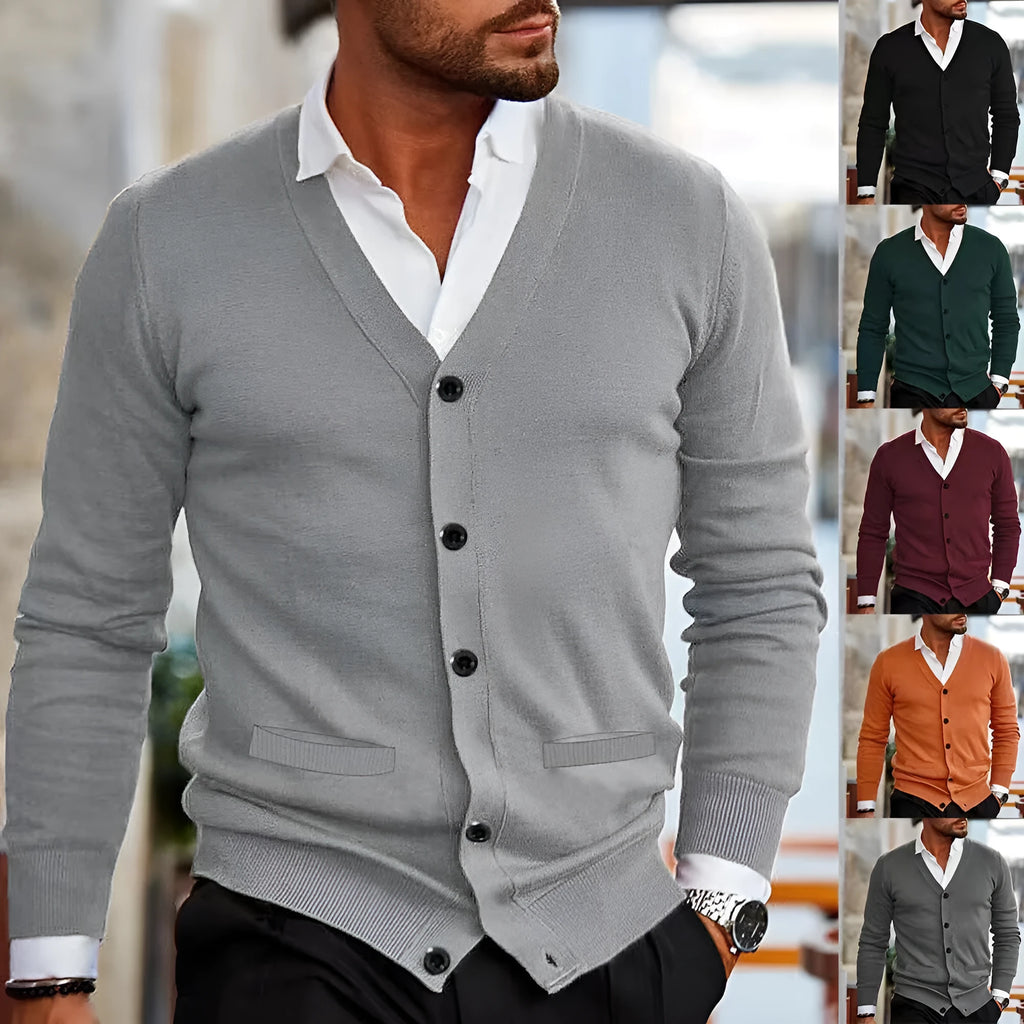 Men's slim fit acrylic cardigan sweater in dark grey, hanging on a hanger.