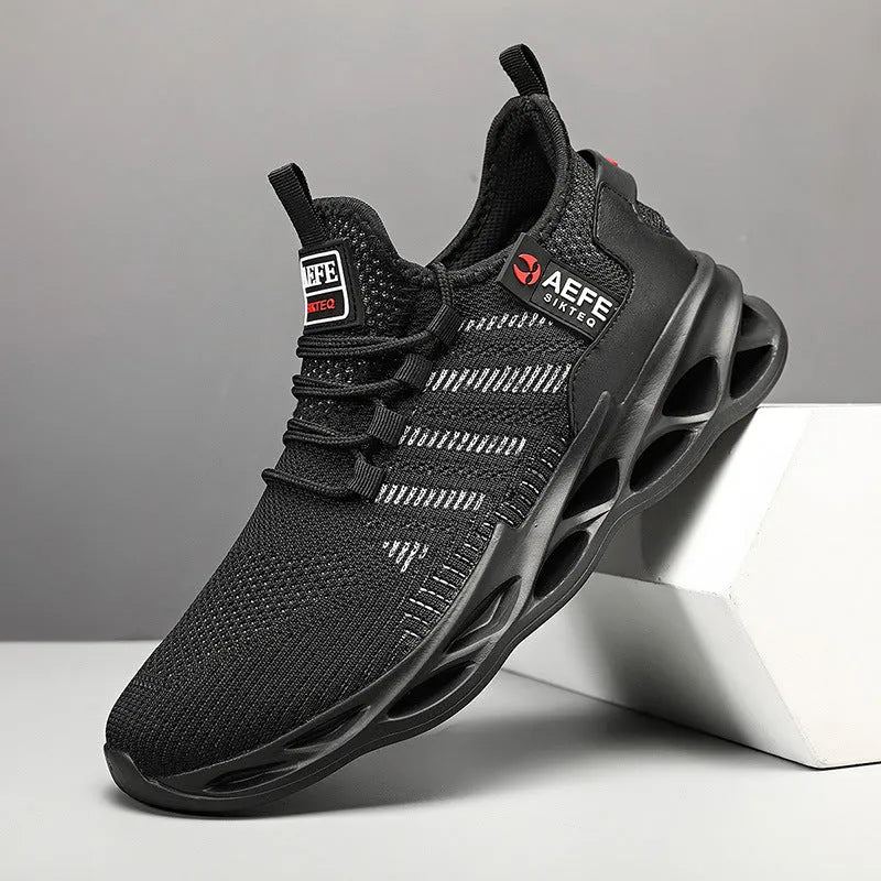 Men's mesh casual running shoes in black with cross strap detailing and lace-up closure