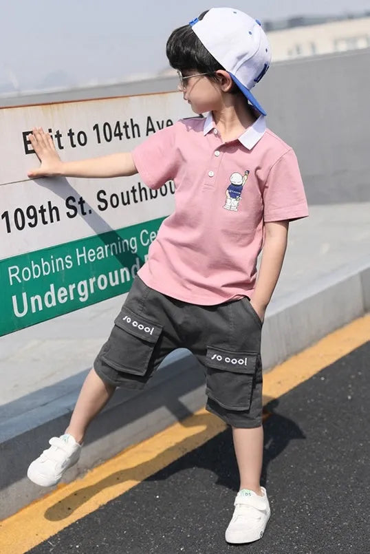 Boys summer cotton short-sleeved suit set with cartoon pattern in khaki, pullover design, sizes 110-160cm