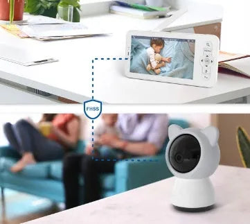Baby monitor with 5-inch screen showing camera view, 720P resolution, pan tilt mechanism