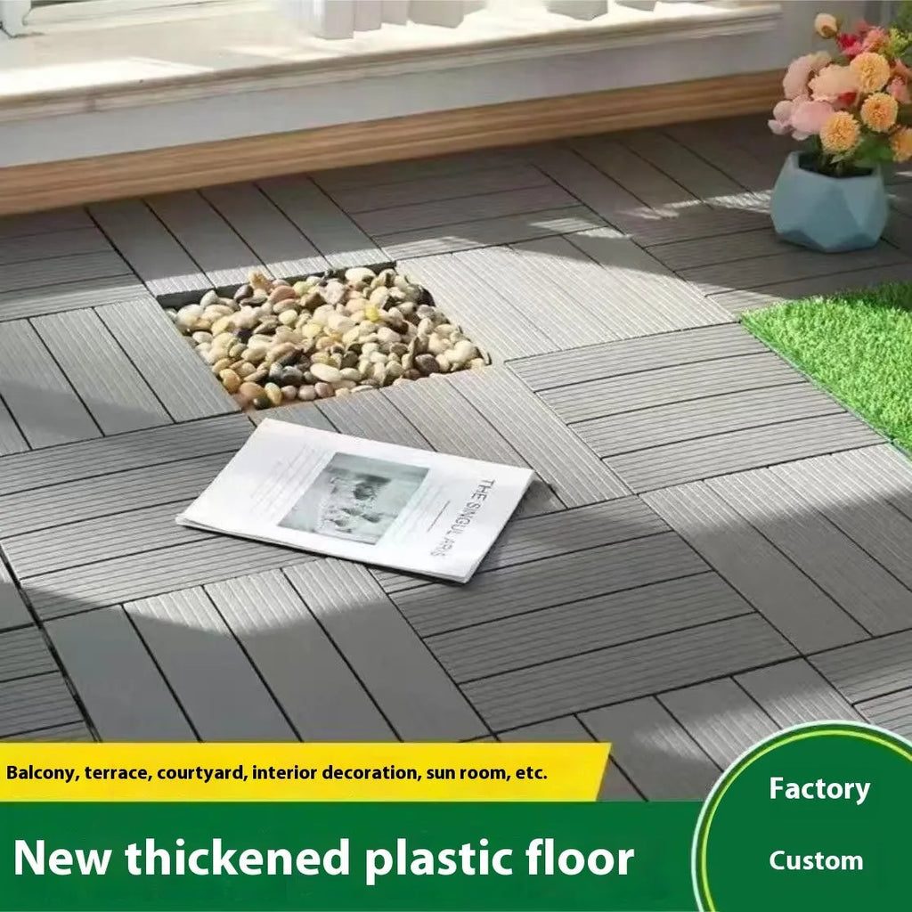 Pack of 10 wood grain patterned plastic floor tiles showing non-slip surface and splicing edges.