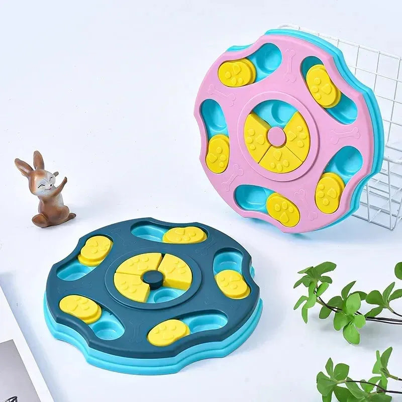 Blue interactive dog puzzle feeder toy with food compartments for mental stimulation during mealtimes