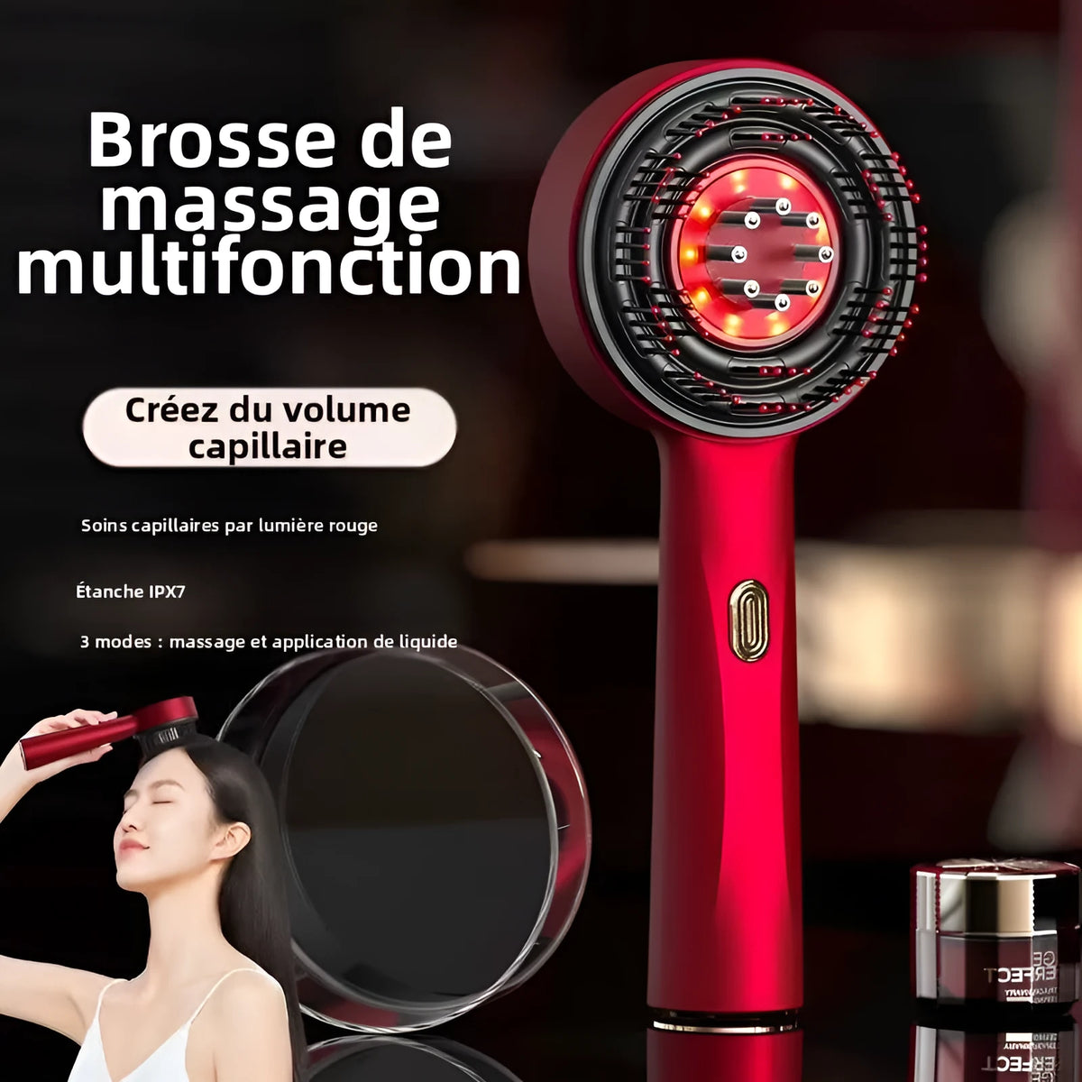 Handheld electric head massager with Bian stone comb and red light, in Dyson grey colour