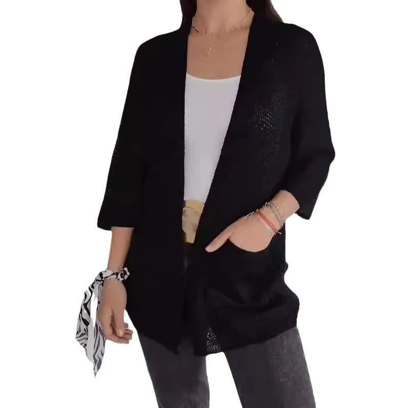 Women's waffle-textured cardigan coat with nine-quarter length sleeves in Army Green.