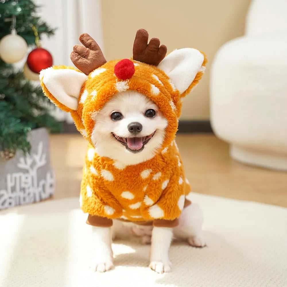 Elk design fleece-lined dog costume for small to medium breeds in Christmas red colour