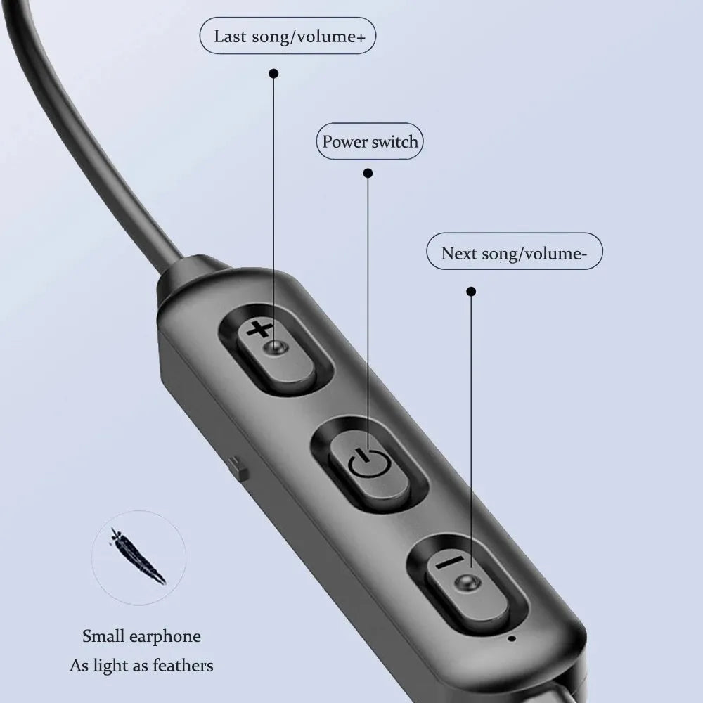 Black neck-mounted wireless sports earphones with Bluetooth 5.0 and 10-metre transmission range