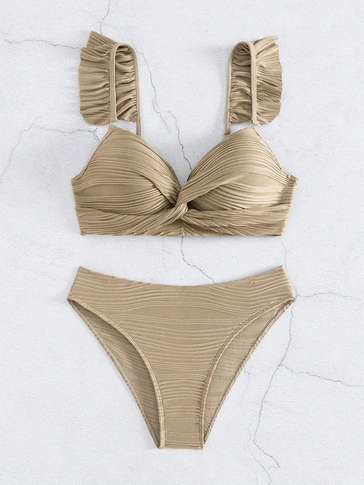 Women's solid colour bikini swimsuit in black or khaki with polyester fabric