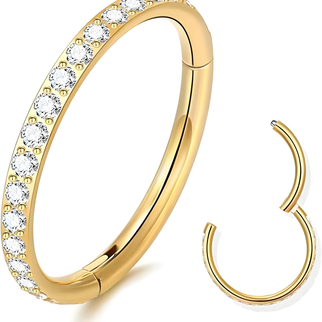 A stainless steel seamless nose ring with a diamond setting, shown in gold, rose gold, black, and steel finishes.