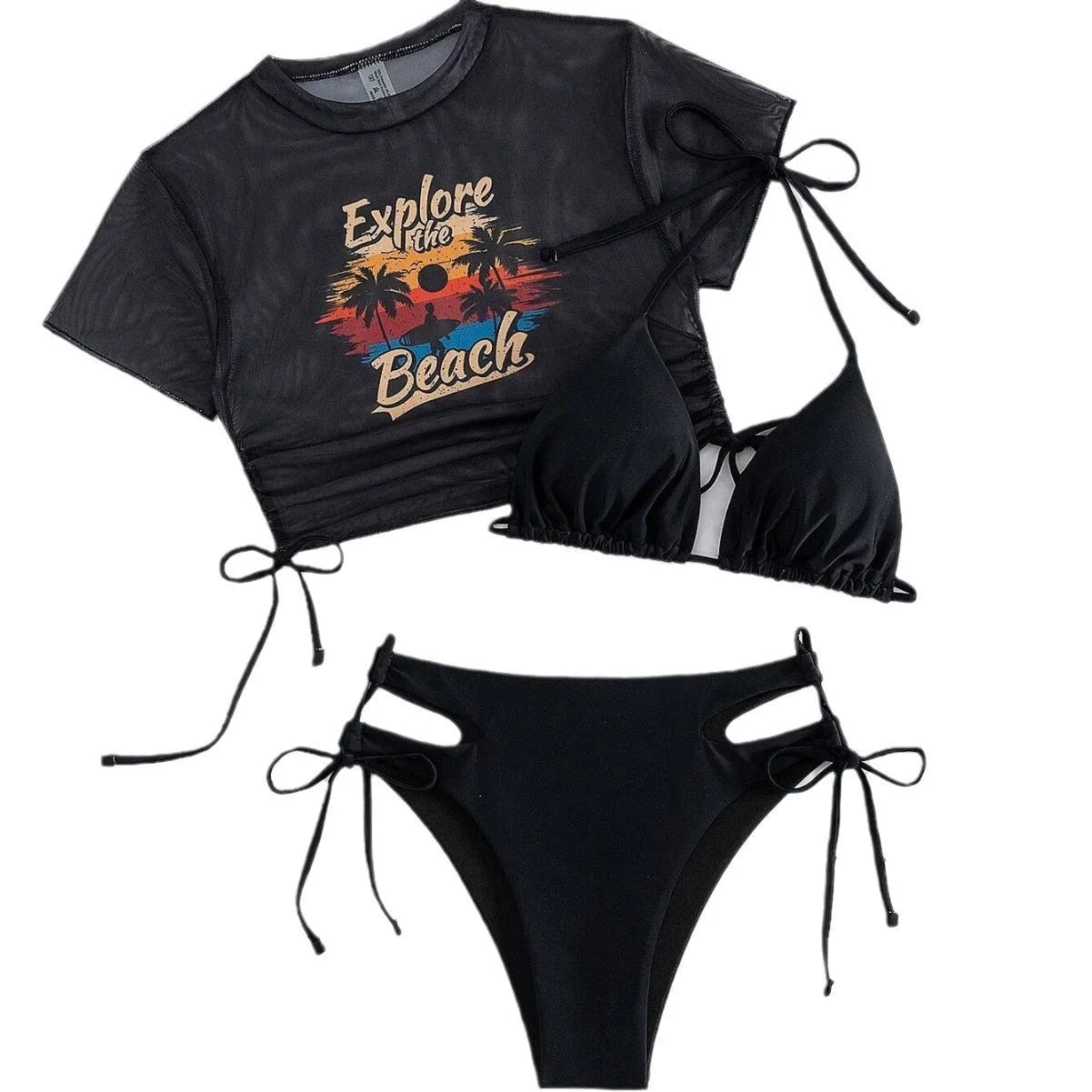 Women's three-piece bikini swimsuit set in black, showing short sleeve cover-up, bra, and bottoms.