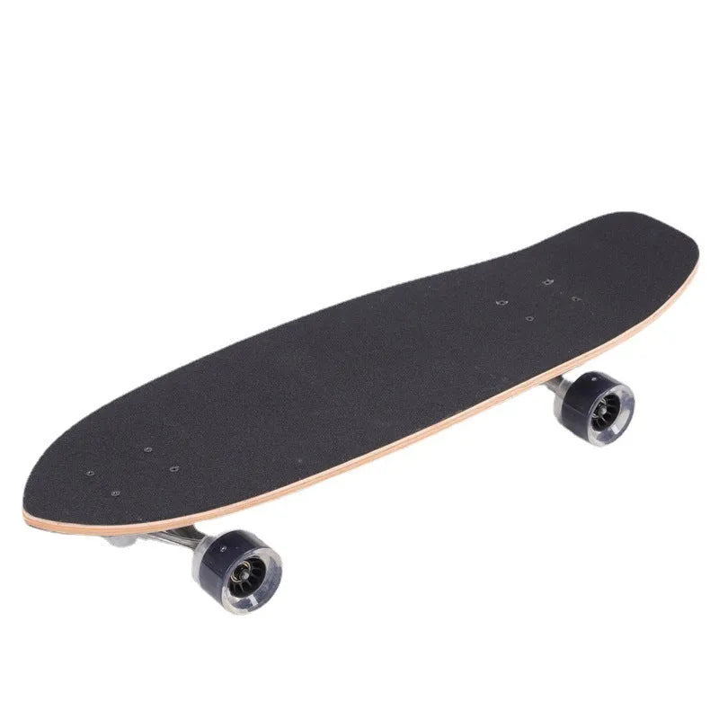 White wooden street scooter with maple deck, 31 inches long, on pavement.