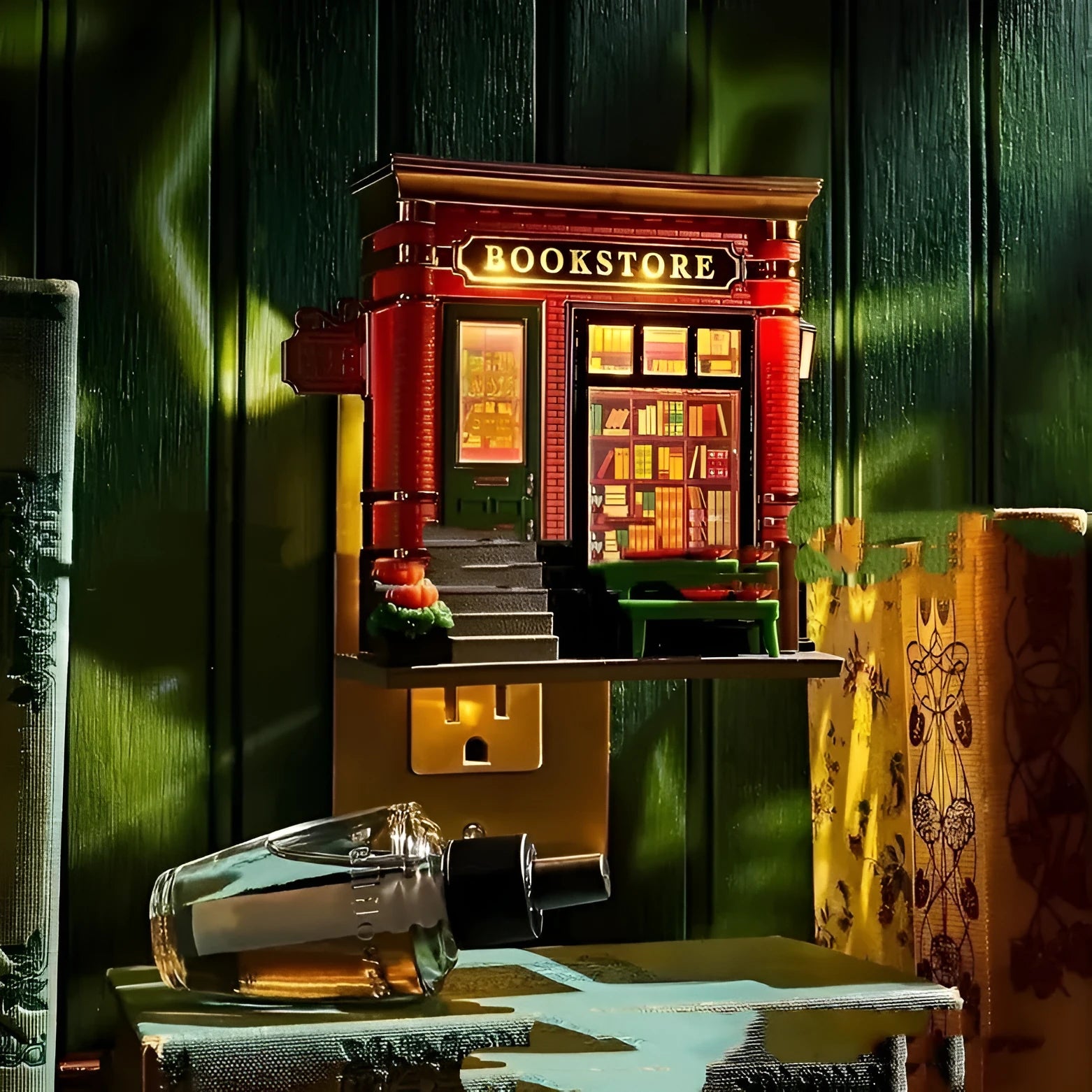 Small cartoon house-shaped night light ornament with festive design, made from resin and plastic.
