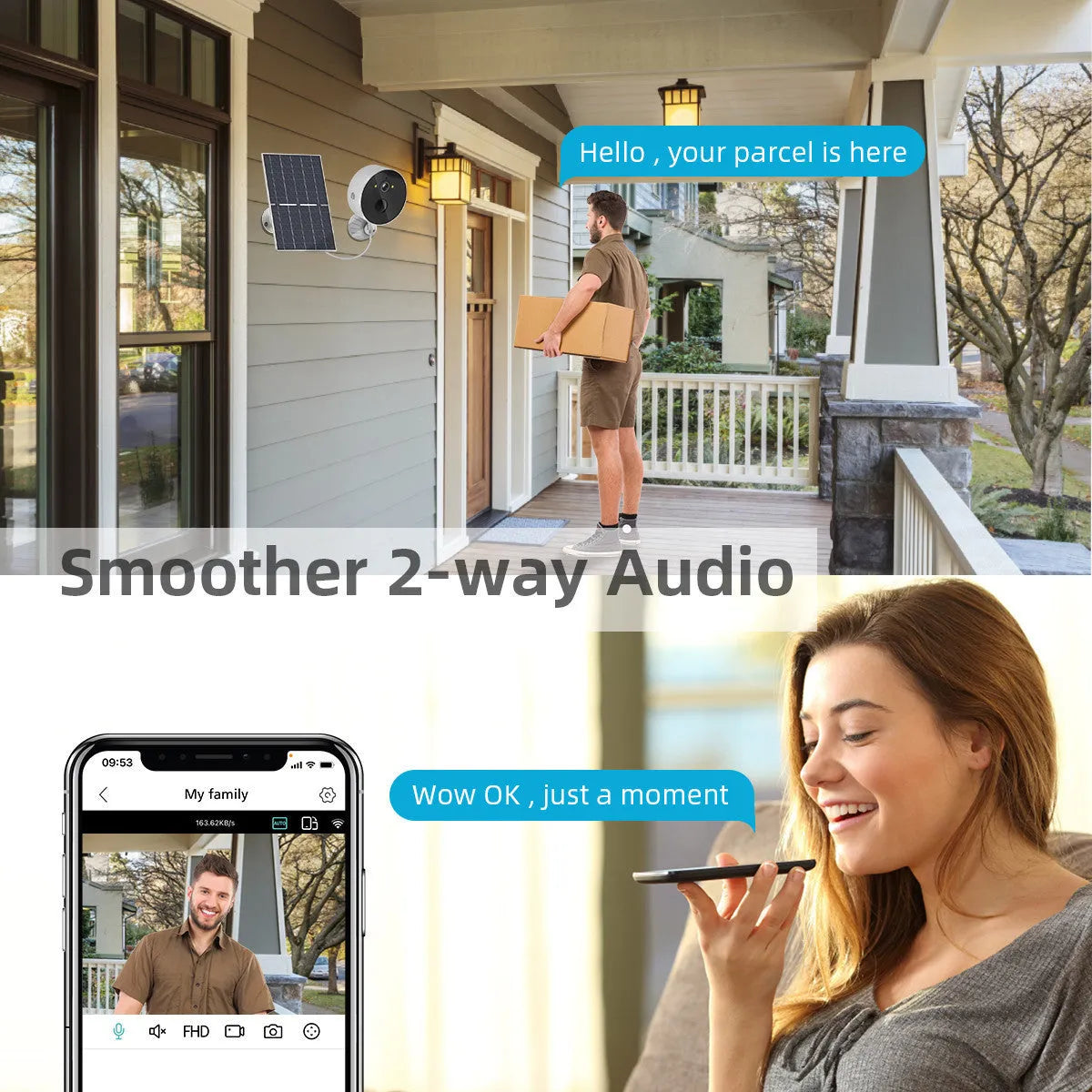 Outdoor solar-powered security camera with separate solar panel for battery charging.