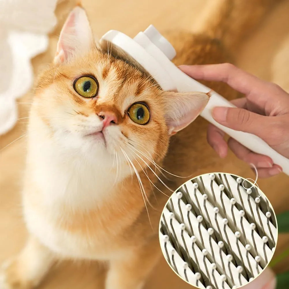 Blue self-cleaning cat brush with rubber-tipped metal pins and ergonomic handle for pet grooming
