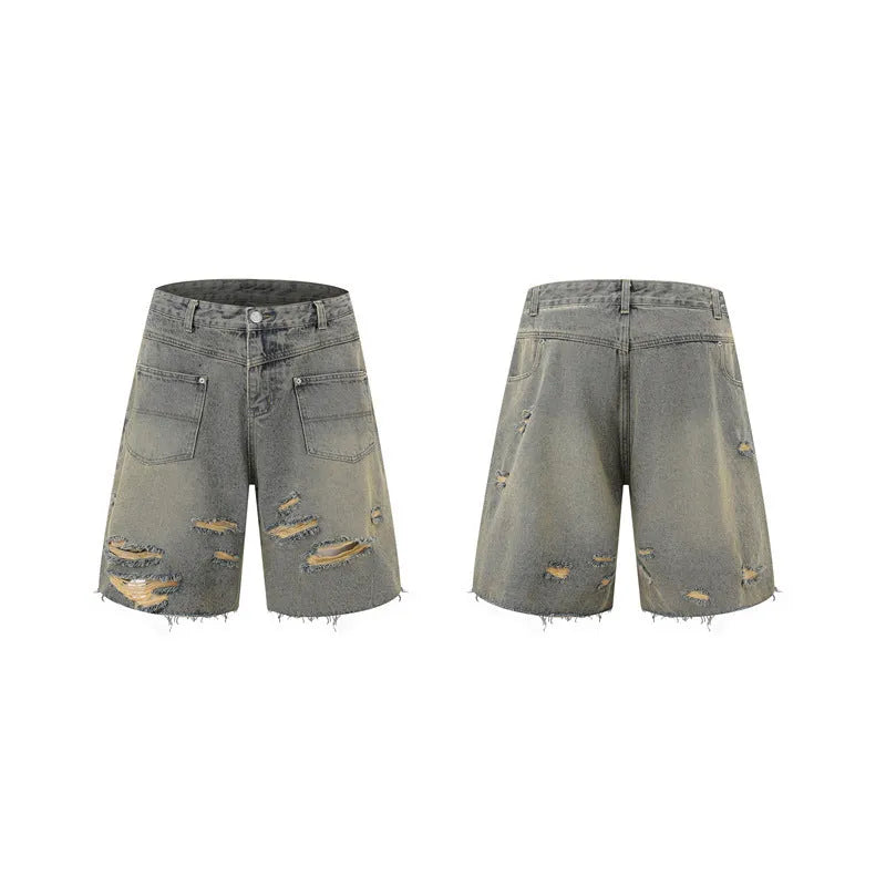 Denim loose-fit overall suit co-ord set with short sleeve top and trousers in street style.