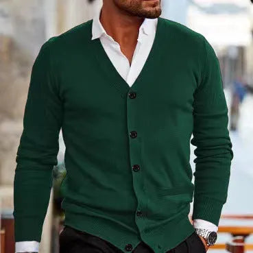 Men's slim fit acrylic cardigan sweater in dark grey, hanging on a hanger.