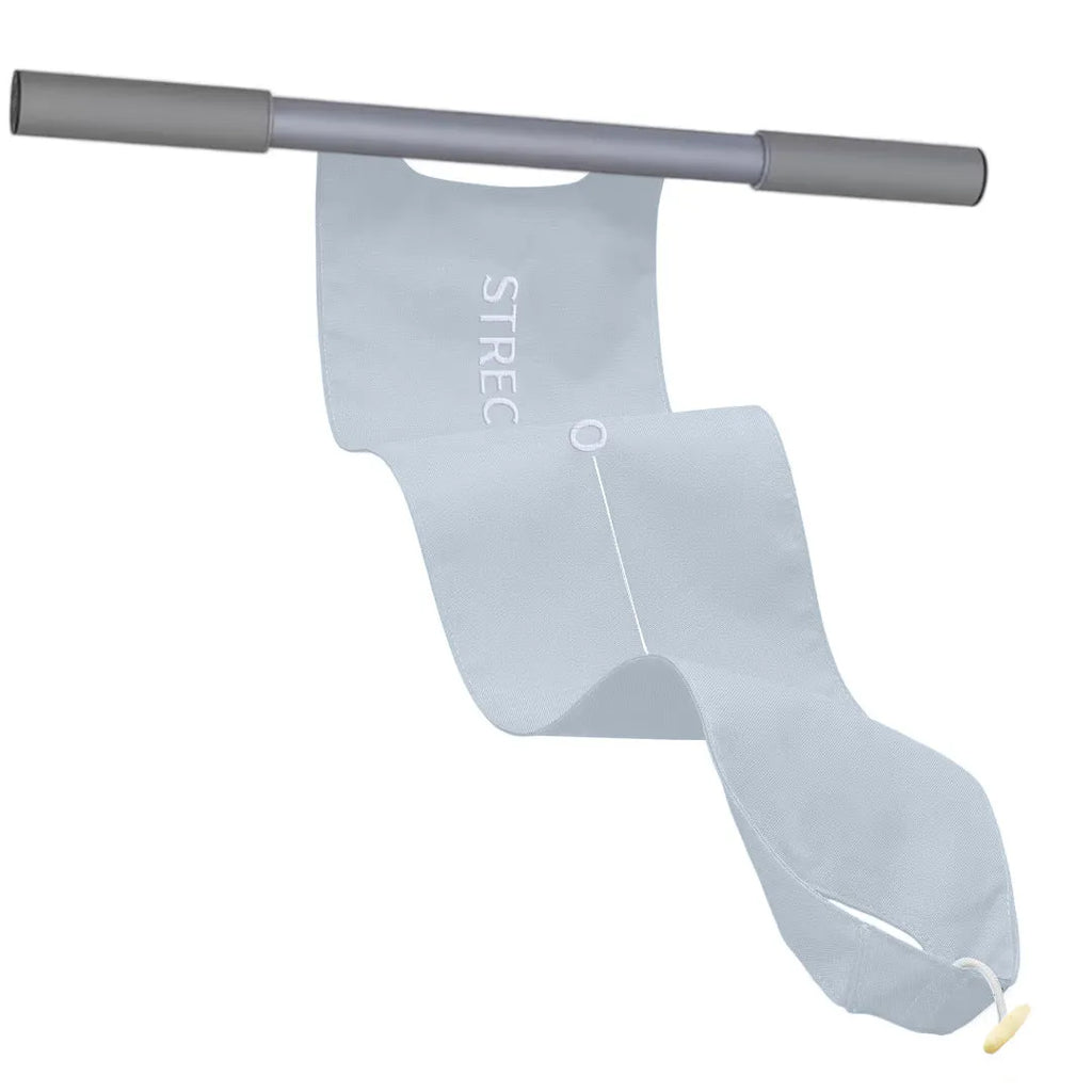 Grey and pink yoga stretching tool for shoulder, back, and hip flexibility exercises