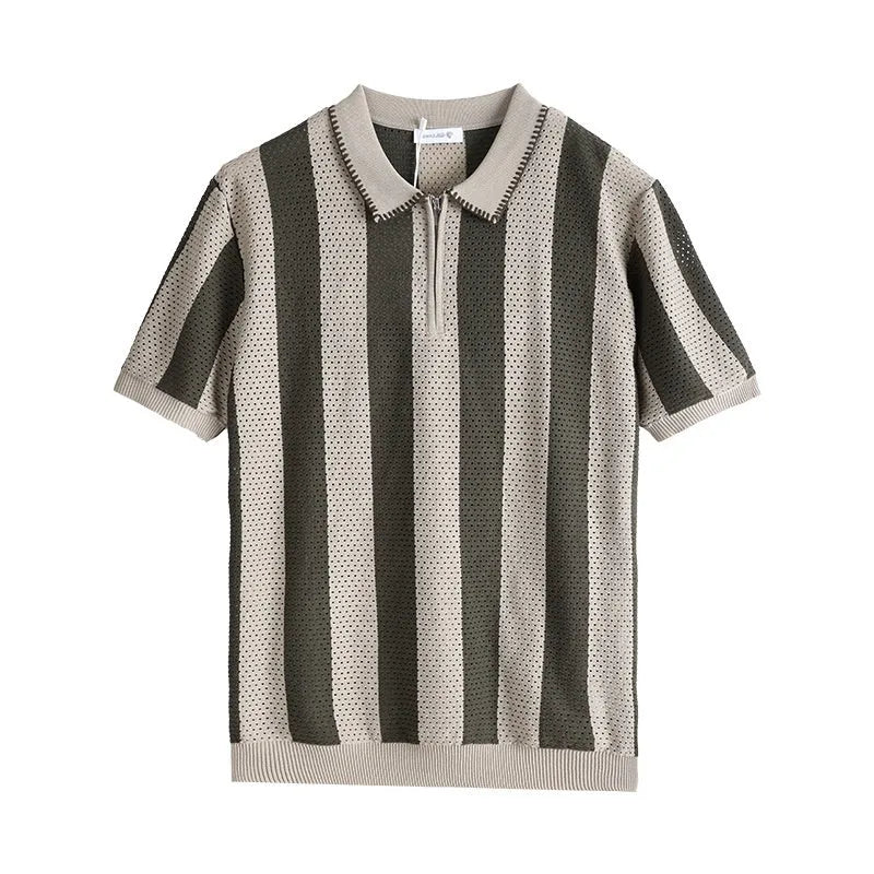 Man wearing a short sleeve striped ice silk viscose sweater with a decorative zip front.