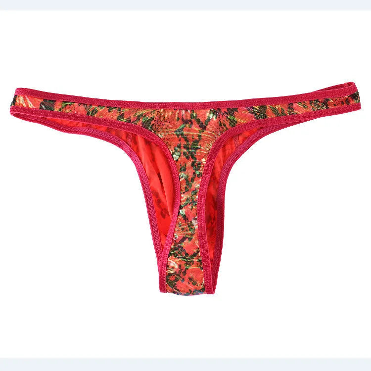 Men's green camouflage snake print thong underwear on a white background