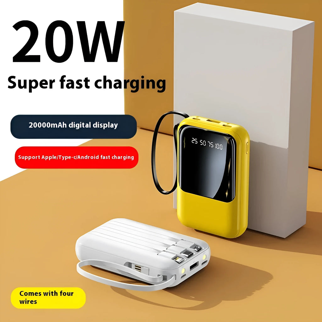Small super fast charge power bank with cable in black plastic shell, compact size 100x66x27mm