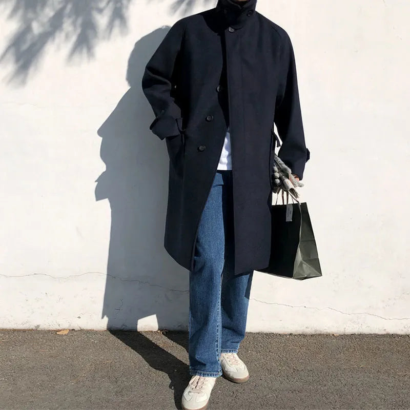 Plus size women wearing a British style blue wool look trench coat with slim fit