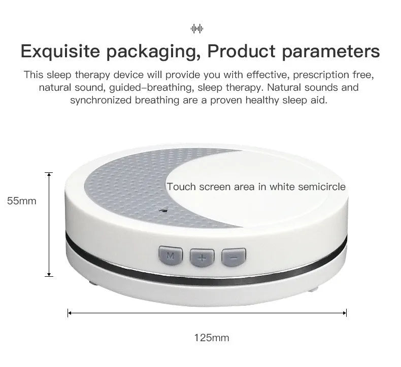White ABS plastic sleep aid instrument with USB connector showing timer and music functions