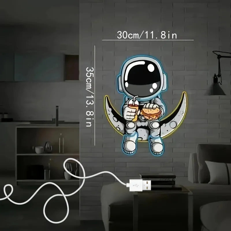 Astronaut design LED neon wall light with USB cable, measuring 30cm by 35cm in blue lemon yellow colour