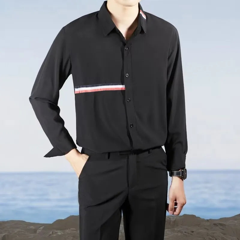 Hong Kong style men's loose casual shirt cardigan in cotton blend polyester fabric