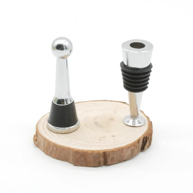 Silver zinc alloy wine bottle stopper with M8 M10 threaded base and silicone seal.