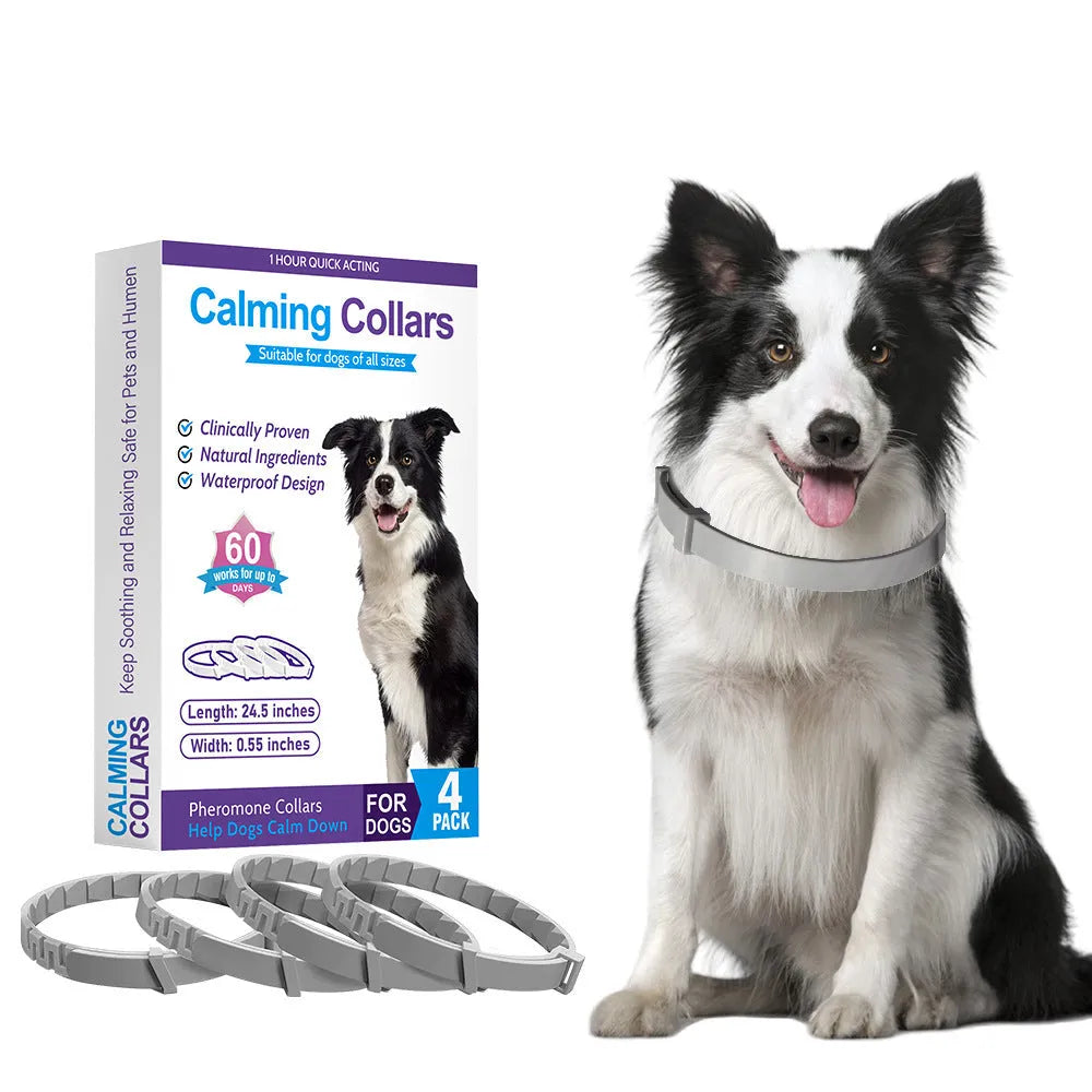 Set of four soft TPR dog anxiety collars in different colours with a Chinese monochrome pattern.