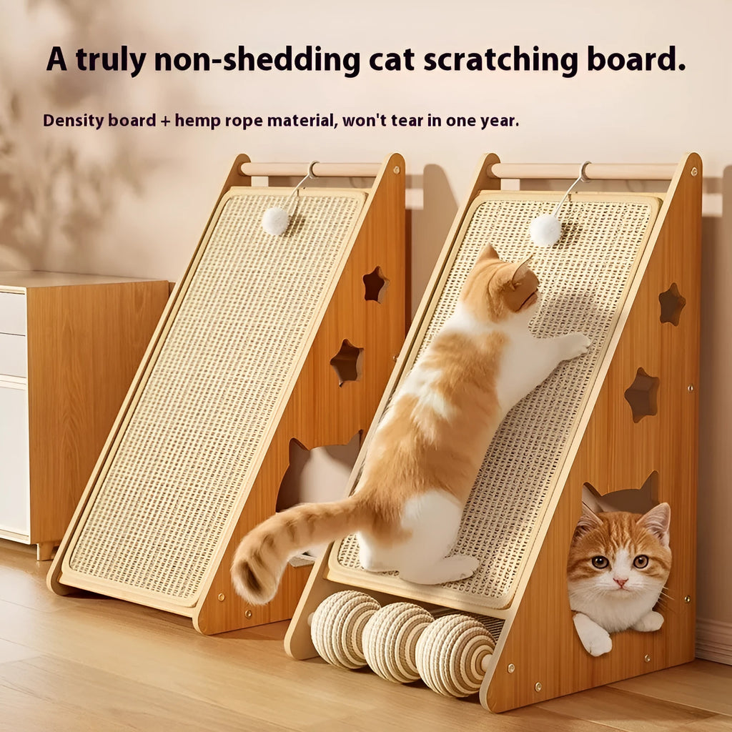 Vertical cat scratch board with sisal and hemp rope wrapped around a density board, featuring a cat teasing ball.