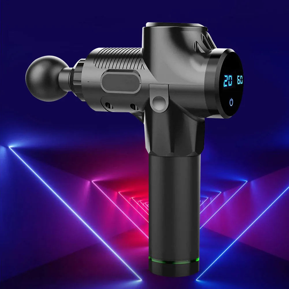 Black fascia gun massager with brushless motor and LCD touch screen for muscle relaxation