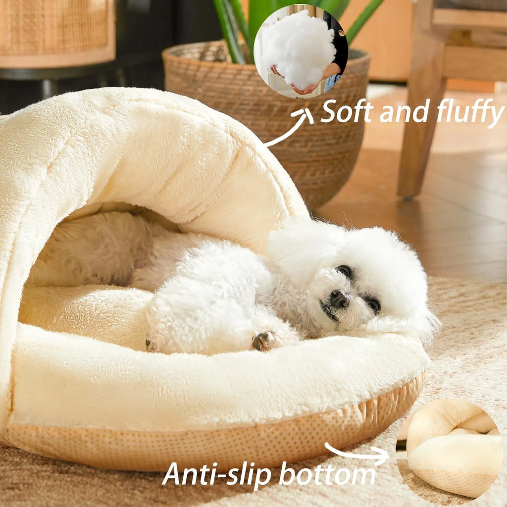 Grey corduroy slipper-shaped cat cave bed with plush interior, shown both as a closed hideout and opened as a flat lounging bed.