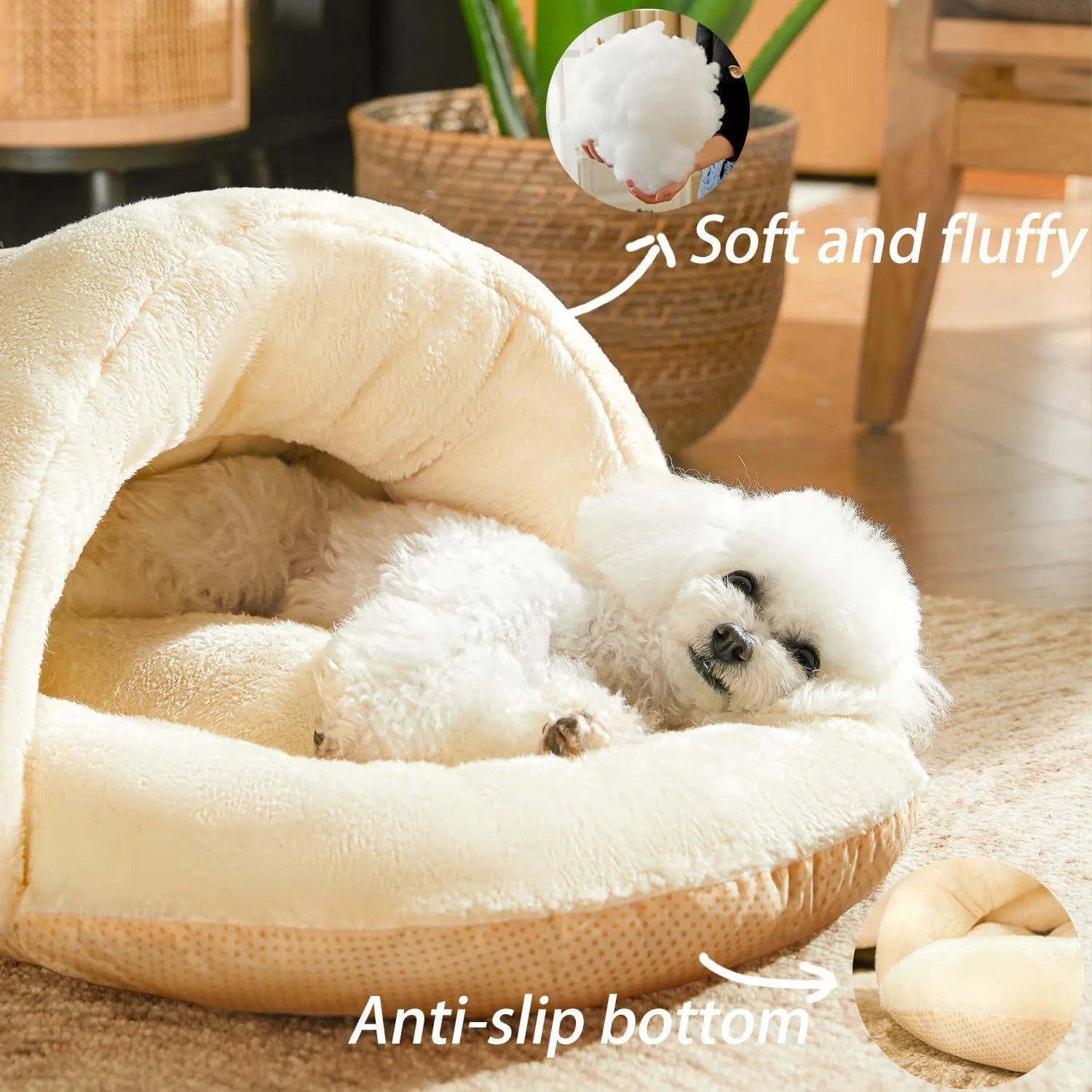 Grey corduroy slipper-shaped cat cave bed with plush interior, shown both as a closed hideout and opened as a flat lounging bed.