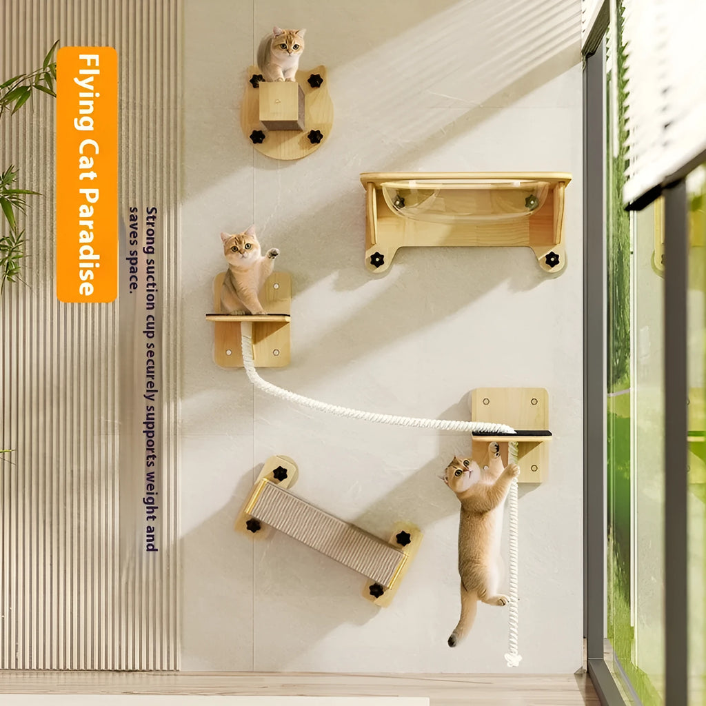 Suspended sisal cat scratching chamfer with capsule bed mounted on a window.