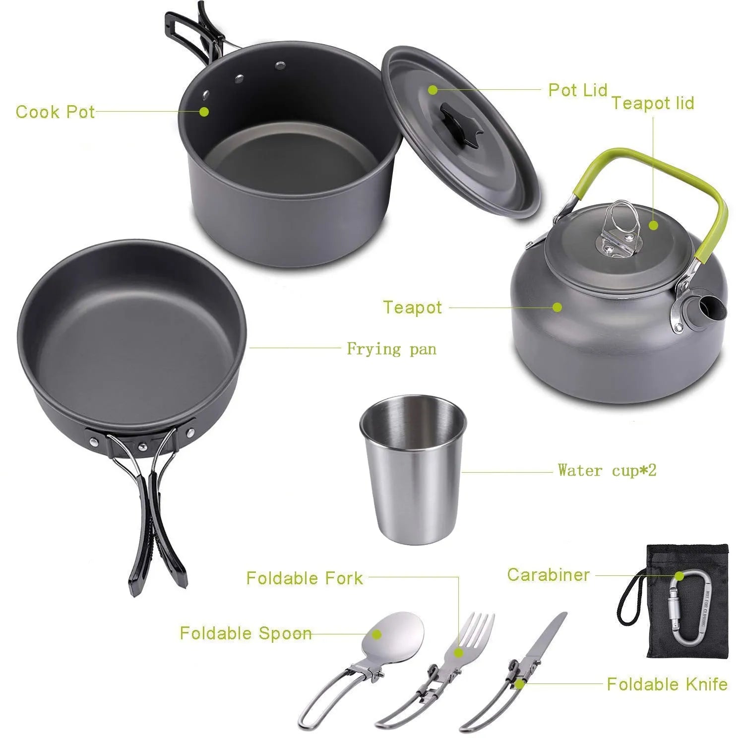 Hard aluminium camping mess kit with teapot, frying pan, boiling pot and cutlery in black colour