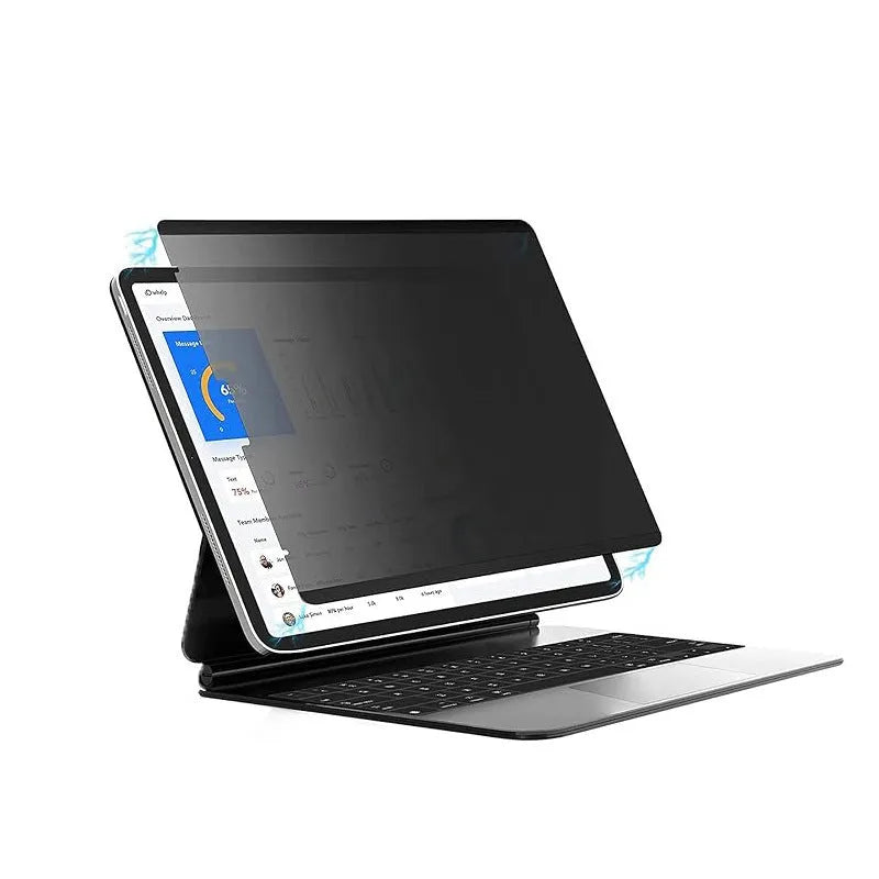 Magnetic privacy screen protector film shown attached to an iPad Pro, with narrow viewing angle effect demonstrated.